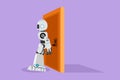 Graphic flat design drawing robot pushing door with his back. Business concept of overcoming obstacles. Future technology