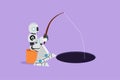 Graphic flat design drawing of robot sit and holding fishing rod from hole. Make money from idea. Future technology. Artificial