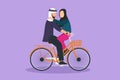 Graphic flat design drawing romantic Arab couple riding on bike together. Happy man and woman cyclist hugging, kissing each other