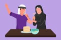 Graphic flat design drawing romantic Arab couple singing while cooking sweet cake together, using spatula as microphones. Cheerful