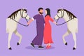 Graphic flat design drawing romantic Arab couple standing and talking beside they horses. Man and woman meet for dating with ride