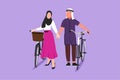 Graphic flat design drawing romantic Arabian couple cyclists walking down forest road with their bicycles on summer day. Man and