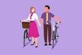 Graphic flat design drawing romantic couple cyclists walking down forest road with their bicycles on summer day. Man and woman in