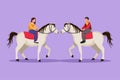 Graphic flat design drawing romantic couple in love riding horse together at meadow. Young man and woman meet for dating with ride