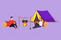 Graphic flat design drawing of romantic couple man woman hikers sitting on log cooking meals in bowler boiling pot at campfire