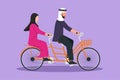 Graphic flat design drawing romantic couple riding bicycle together. Happy Arabian couple riding tandem bicycle. Happy family. Royalty Free Stock Photo