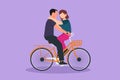 Graphic flat design drawing of romantic couple riding on bike together. Happy man and woman cyclist hugging and kissing each other