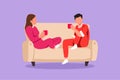 Graphic flat design drawing romantic couple sitting at sofa, talking and drinking coffee. Man and woman living together in cozy