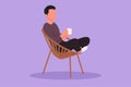 Graphic flat design drawing side view of relaxed handsome guy sitting in lounge chair, enjoying free time with hot coffee. Tea