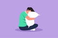 Graphic flat design drawing sleepy man sitting and hugging pillow. Sleeping handsome male hugs or holding pillow or overslept to