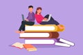 Graphic Flat Design Drawing Smart Couple With Laptop Computer Sitting On Pile Of Book Together. Freelance, Distance Learning,