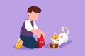 Graphic flat design drawing of smiling little boy kneeling and feeding his kitten with cat food. Adorable kid caring for animal.