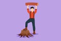 Graphic flat design drawing smiling lumberjack man holding downed log. Wearing suspender shirt, jeans and boots, posing with one Royalty Free Stock Photo