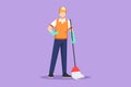 Graphic flat design drawing smiling young male janitor standing in uniform, sweeping floor with broom, professional cleaning, home Royalty Free Stock Photo