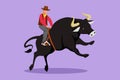 Graphic flat design drawing strong and brave cowboy in hat riding wild bull and participates in rodeo competition. Happy cowboy Royalty Free Stock Photo