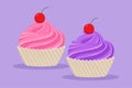 Graphic flat design drawing stylized baked muffin with cherry cake online shop logo label. Emblem pastry template icon concept for Royalty Free Stock Photo