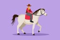 Graphic flat design drawing stylized cowboy riding standing horse at desert. Strong and brave man with cowboy hat riding horse.