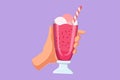 Graphic flat design drawing stylized hand holds glass milkshake with whipped cream. Cold soft drink for summer. Sweet beverage