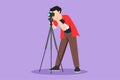 Graphic flat design drawing stylized male paparazzi or photographer looking down and shooting appearance of show business stars or Royalty Free Stock Photo