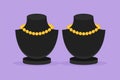 Graphic flat design drawing of stylized necklace stands with jewellery on display. Black busts with beads and necklace. Ladies