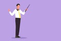 Graphic flat design drawing successful businessman teacher wearing tidy shirt, standing, pointing with wooden pointer stick.