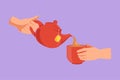 Graphic flat design drawing teapot pouring tea into cup. Woman pouring organic tea into ceramic cup with sand glass. Teapot,