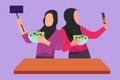 Graphic flat design drawing two Arab woman taking selfie or making video call using her smartphone while cooking fresh salad. Royalty Free Stock Photo