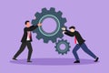 Graphic flat design drawing of two businessmen help each other pushing big cog. Group of people push gear, team of business tech Royalty Free Stock Photo