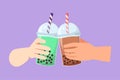 Graphic flat design drawing two hands holding plastic cup bubble tea is toasting and clinking. Brown sugar flavor tapioca pearl Royalty Free Stock Photo