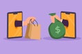 Graphic flat design drawing two hands out of smartphone screen to exchange shopping bags with money bag. Sale, digital payment Royalty Free Stock Photo