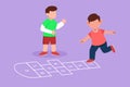 Graphic flat design drawing two little boys playing hopscotch at kindergarten yard. Kids playing hopscotch game at amusement park Royalty Free Stock Photo