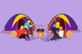 Graphic flat design drawing two pair man woman hikers sitting on log cooking water in boiling pot. Group of people at campfire