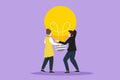 Graphic flat design drawing two people hold big idea bulb. Creativity, brainstorming, teamwork. Businessman woman holding light Royalty Free Stock Photo