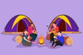 Graphic flat design drawing two romantic couple man and woman getting warm near bonfire. Group of people camping drinking tea Royalty Free Stock Photo