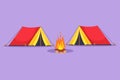 Graphic flat design drawing two tent with bonfire logo icon. Climbing, trekking, hiking, walking. sports, camping, outdoor