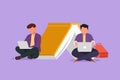 Graphic flat design drawing two young man studying with laptop and leaning on big book. Back to school, smart student sitting and Royalty Free Stock Photo