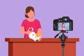 Graphic flat design drawing vet blogger sitting in front of camera with cats and recording video blog about animals, pets. Zoo Royalty Free Stock Photo