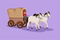 Graphic flat design drawing vintage western stagecoach with horses. Wild west covered wagons and cowboy in desert landscape. Retro