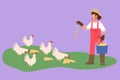 Graphic flat design drawing woman farmer holding bucket of seeds and feeding chickens and hens. Countryside farming. Rural scene