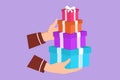 Graphic flat design drawing woman hands gives gift in boxes. Girl holding huge stack New Year presents symbol. Millennial female Royalty Free Stock Photo