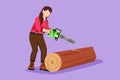 Graphic flat design drawing of wood industry worker with chainsaw working. Woman logger sawing log in forest. Girl lumberjack cut