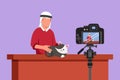 Graphic flat design drawing young Arab teenage man pet blogger. Arabian boy with cat recording video on camera. Hobbies and Royalty Free Stock Photo