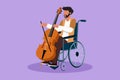 Graphic flat design drawing young Arabian man sitting in wheelchair plays cello in concert. Disability and classical music. Royalty Free Stock Photo