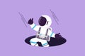 Graphic flat design drawing young astronaut fell into manhole underground sewer in moon surface. Depressed spaceman due to Royalty Free Stock Photo