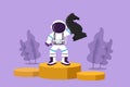 Graphic flat design drawing of young astronaut holding and lifting knight horse chess piece at first champions stage in moon