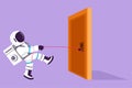 Graphic flat design drawing of young astronaut pulling door with rope, metaphor to facing problem in moon surface. Strength for