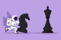 Graphic flat design drawing young astronaut push huge knight horse chess piece to defeat king in moon surface. Strategic move in