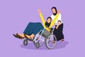 Graphic flat design drawing young beautiful Arab female volunteer helps disabled old woman, riding on wheelchair in park. Family