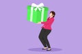 Graphic flat design drawing young beautiful girl carry big gift box. Pretty woman carrying a large gift box. Bonus or special