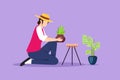 Graphic flat design drawing young beautiful woman worker kneeling, potted plants. Houseplants in pots in greenhouse, botanical